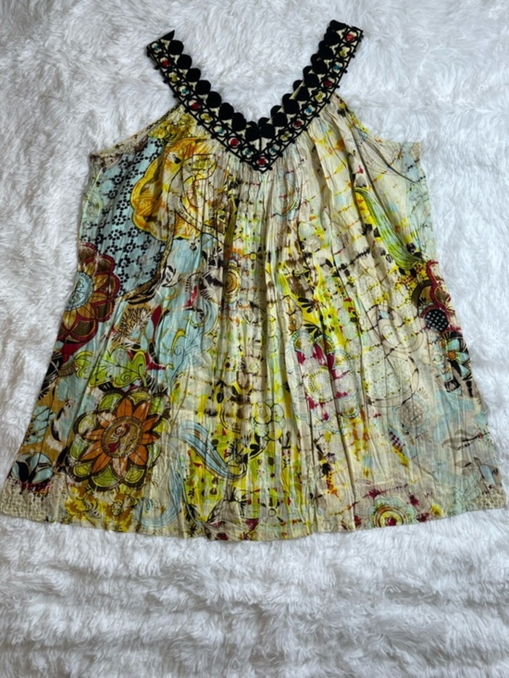 No Chaudry KC Floral Pleated V-Neck Camisole in Yellow Multicolor 100%Cotton